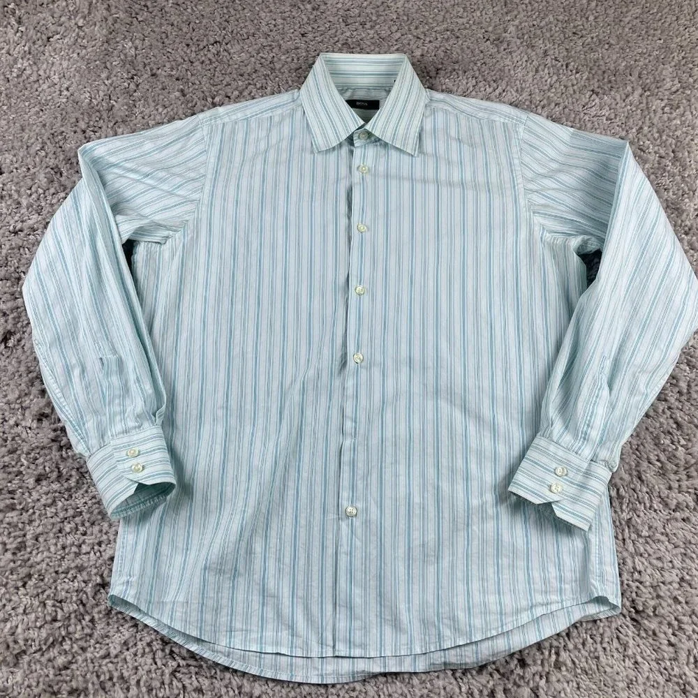 Hugo Boss Dress Shirt Men's Size 42 16.5 Blue Striped Button Up Long Sleeve - Picture 2 of 13